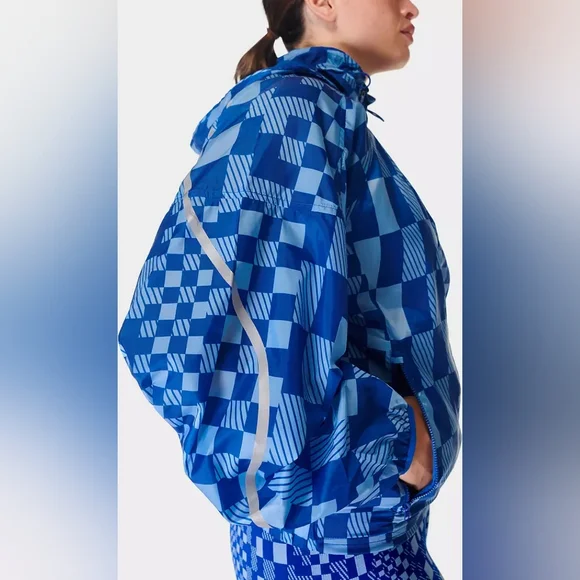 Sweaty Betty Blue Checkered Graphic Pack Away Jacket Women's Size Medium NWT - Picture 5 of 15